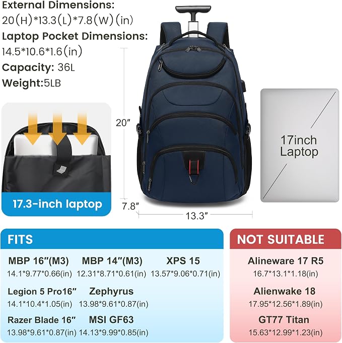 Boavan Rolling Backpack, 17 inch Water Resistant Wheeled Backpack, Carry on - Image 2