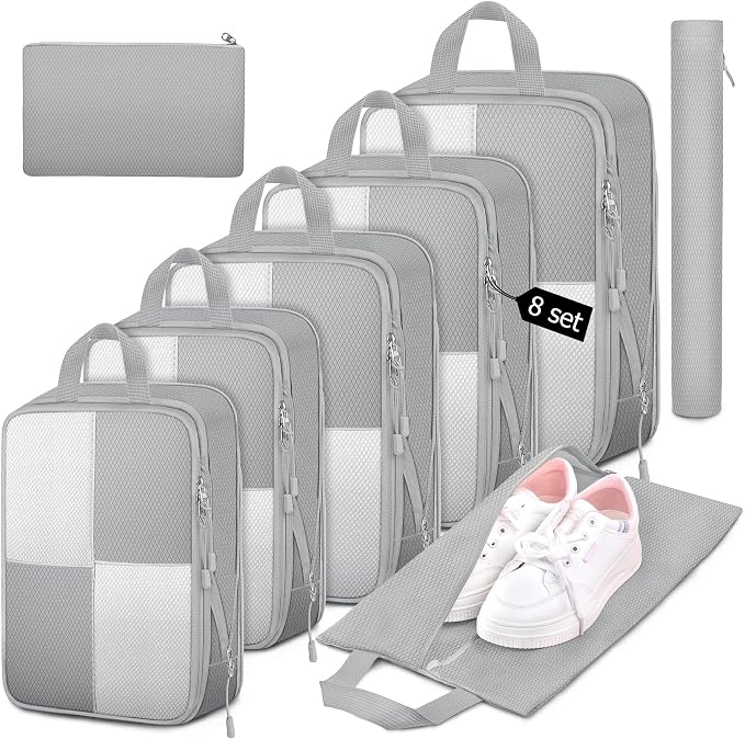 8 Set Compression Packing Cubes Travel, Lightweight Expandable Travel Cubes by Attmu