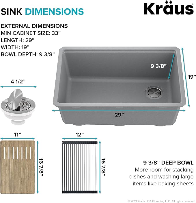 KRAUS Kitchen Sink Bellucci 29” Undermount Workstation Granite, Metallic Gray - Image 6