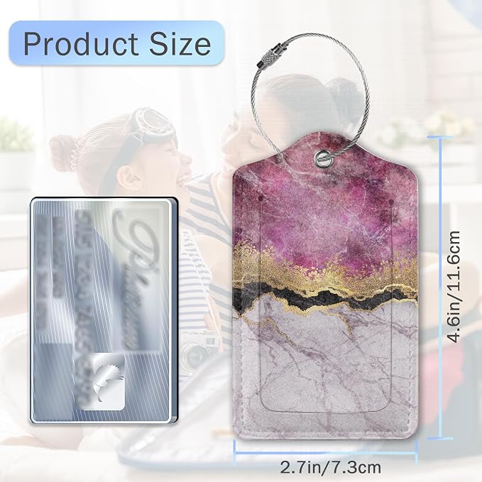 Gold Blue Pink Marble Abstract Luggage Tags, 2 Pack Luggage Tag, Leather - Image 2