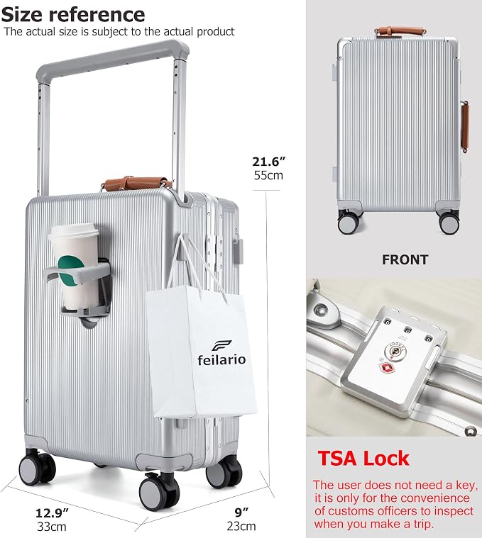 feilario 20'' Aluminum Frame Wide Handle PC Hardside Carry On Luggage - Image 4