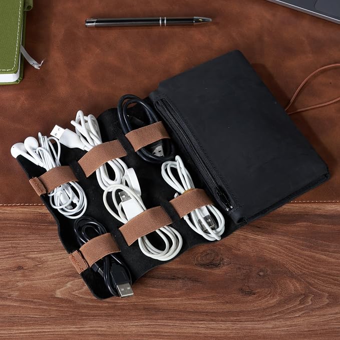 HARDISTON Genuine Leather Electronic Cable Organizer Bag Handmade Travel Cord - Image 4
