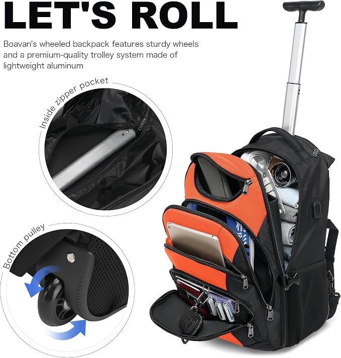 Boavan Rolling Backpack, 17 inch Water Resistant Wheeled Backpack, Carry on - Image 6