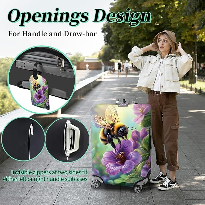 Luggage Cover + Tag, Bee Purple Flowers Travel Suitcase Cover - Image 4