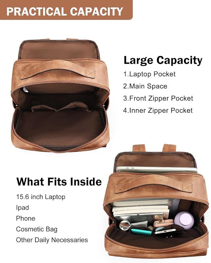 MASINTOR 15.6 inch PU Leather Laptop Backpack Purse - Image 3