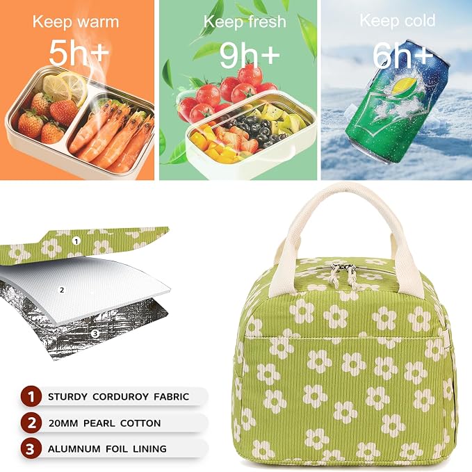 Bluboon Lunch Bag for Women Men Cute Corduroy Lunch Tote Bags Reusable - Image 3