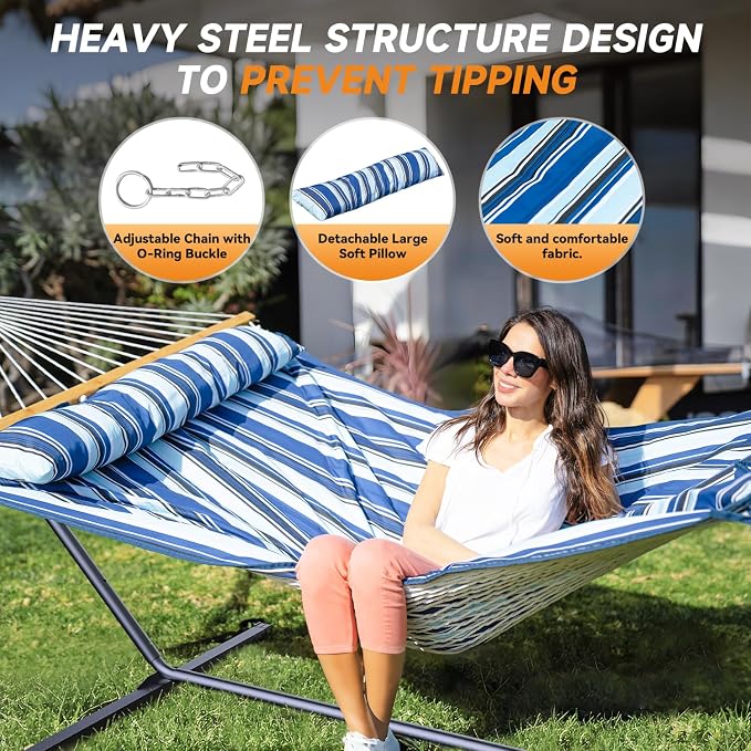 2 Person Outdoor Hammock with Stand, Cotton Rope Hammock with Polyester Pad - Image 4