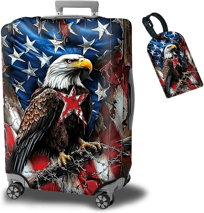 Luggage Cover + Tag, Eagle American Flag Travel Suitcase Protector by BWEGRHE