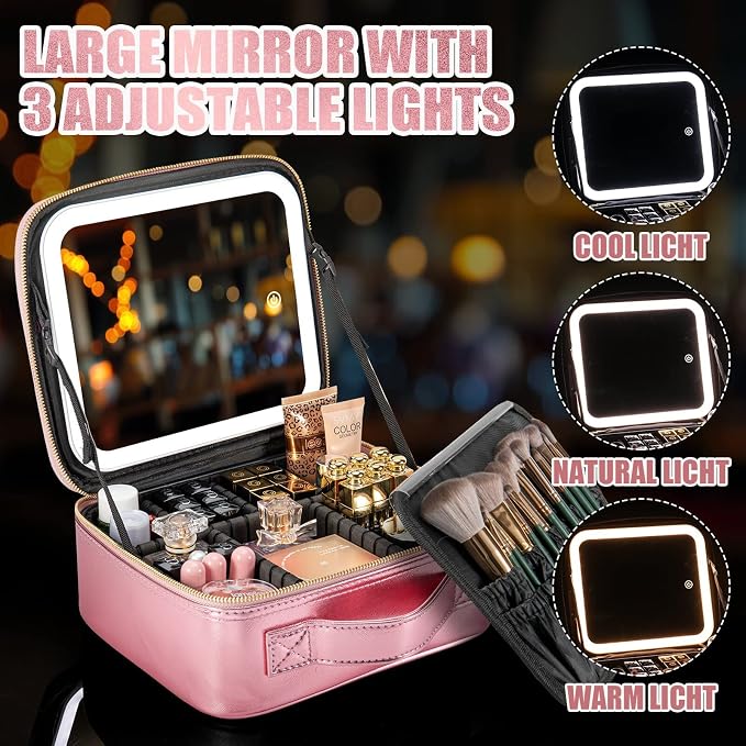 Makeup Travel Train Case with Mirror LED Light 3 Adjustable Brightness Large - Image 4