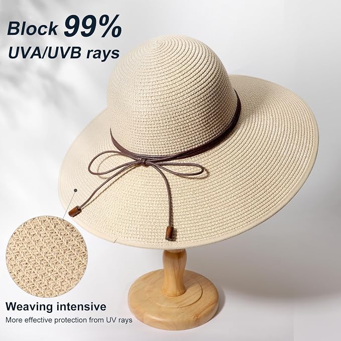 DRESHOW Beach Hats for Women Big Straw Wide Brim Summer Hat Floppy Foldable - Image 2