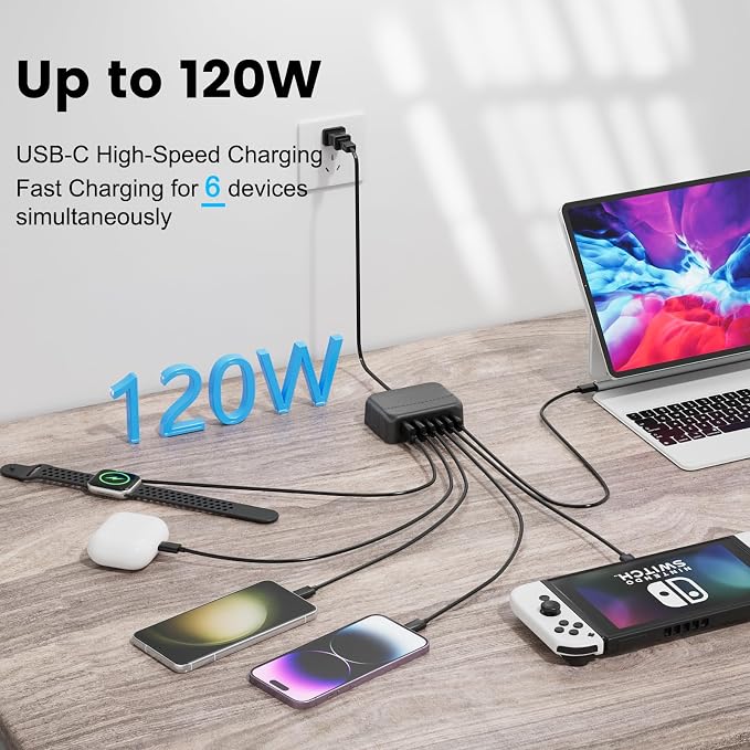 USB C Charger, BURUDU 120W 6 Port USB C Charging Station, Portable PD Fast USB - Image 4