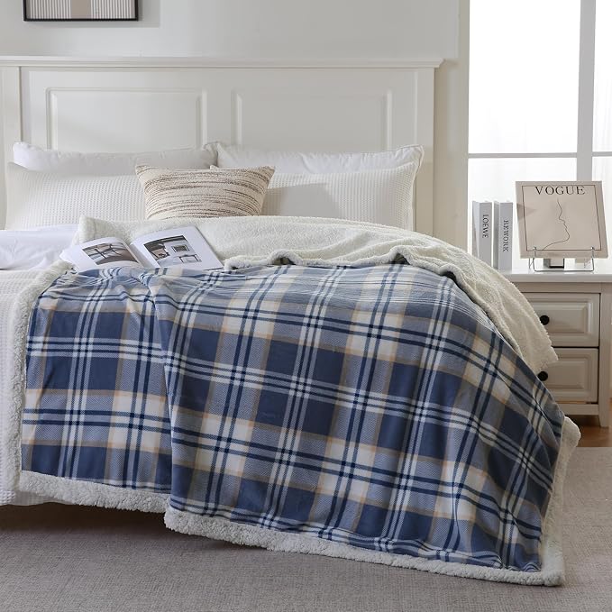 PU MEI Sherpa Blanket Queen Plaid Thick Bed Blanket, 80”*90” Super Soft Flannel - Image 3