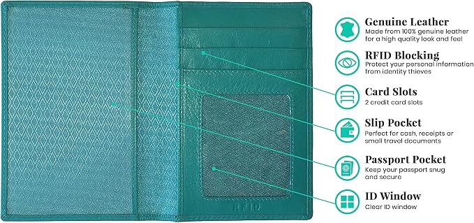 Personalized Monogrammed Teal Leather RFID Passport Wallet - Image 2