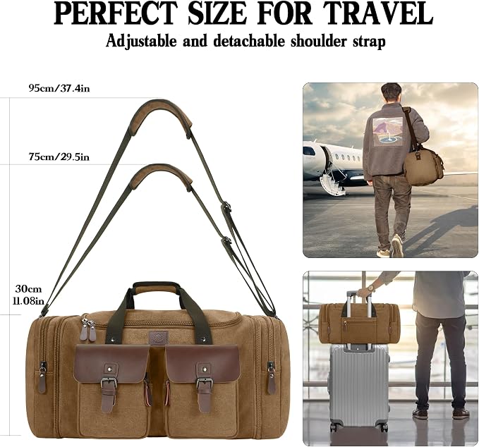 Canvas Duffle Bag for Men 50L Travel Duffel Bags Expandable Genuine Leather - Image 7