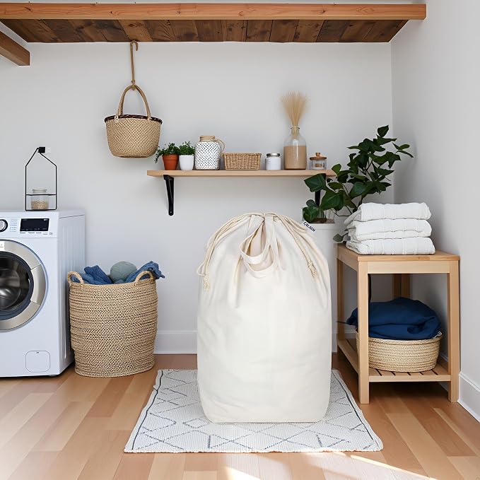 Canvas Laundry Bags with Handles & Square Base 13.8"x 13.8", Large Heavy Duty - Image 7
