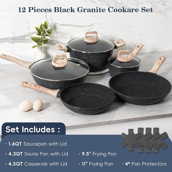 12 Pcs Pots and Pans Set, Nonstick Cookware Sets Black Granite Induction - Image 3