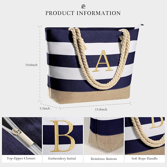 YOOLIFE Initial Canvas Waterproof Beach Tote Bag Zipper Personalized Gifts - Image 3