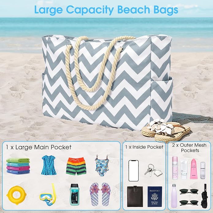 Becokan Beach Bags for Women Large Waterproof Beach Tote Bag Zipper Beach Bags - Image 7