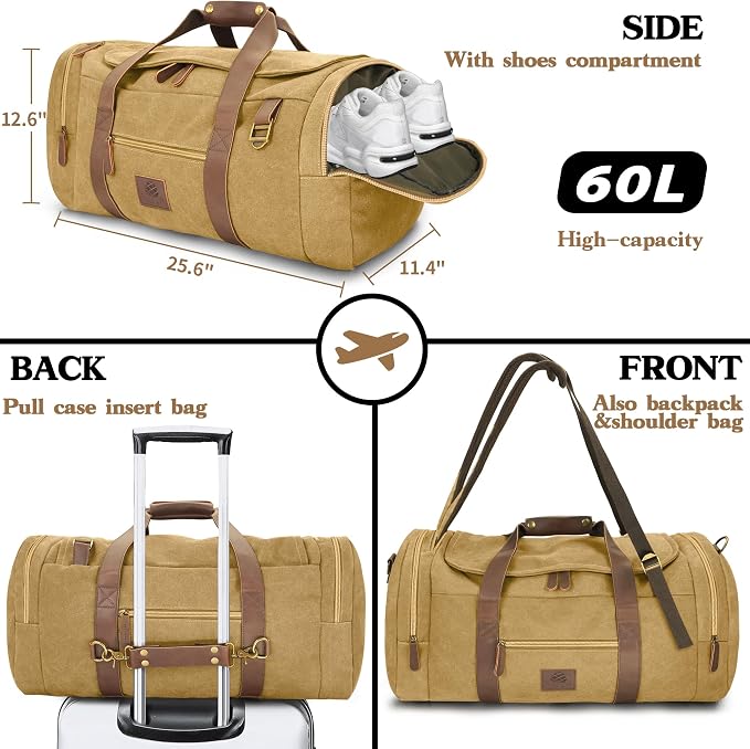 60L Duffle Bag for Men, Nomad Waxed Canvas Travel Duffel Bag Vintage Genuine - Image 3