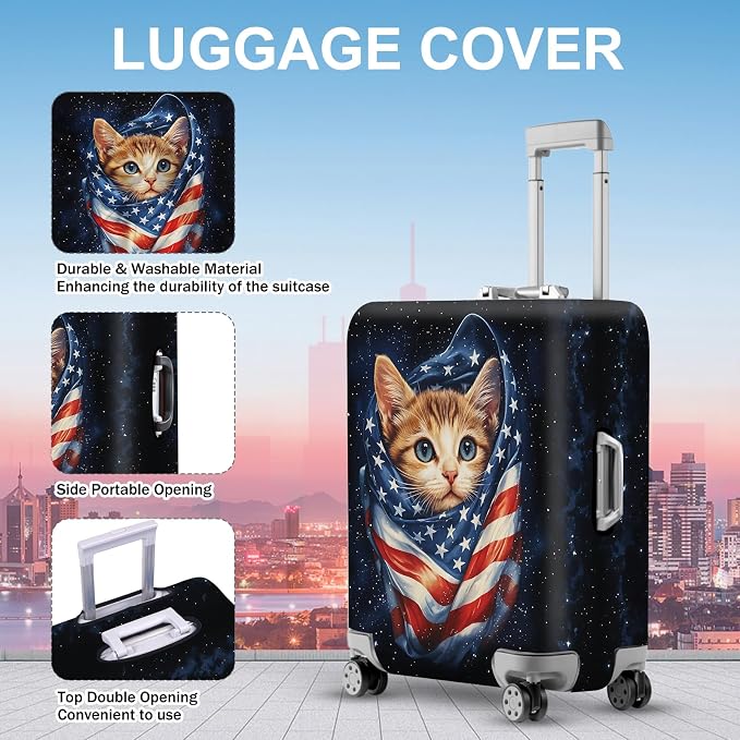 ANNA QUEEN Cute Patriotic Cat Luggage Cover, American Flag Suitcase Protector - Image 3