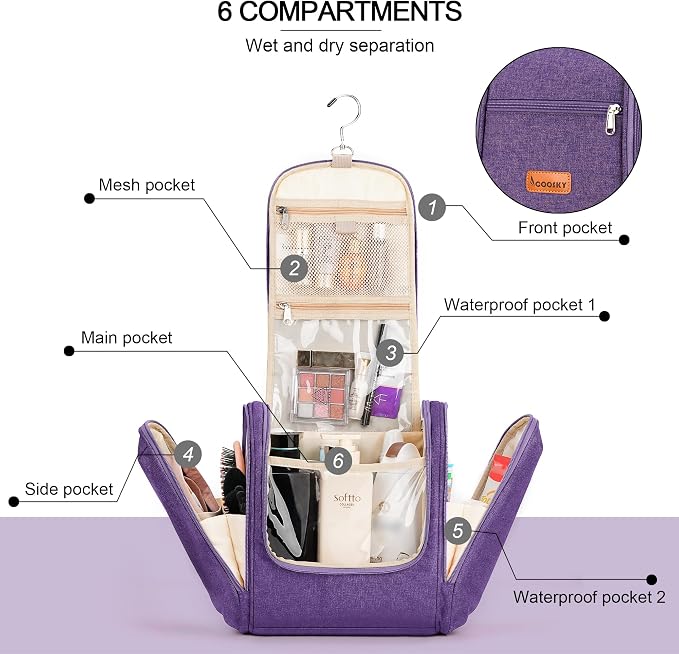 Travel Hanging Toiletry Bag for Women and Men, 6 Organizer Compartments - Image 2