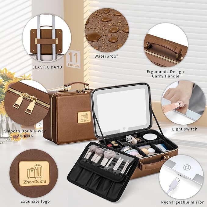 Makeup Bag with LED Mirror & Magnifier, Large Cosmetic Organizer Travel Makeup - Image 5