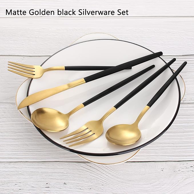 Matte Black Gold Silverware Set, 20-Piece Stainless Steel Flatware Set - Image 3