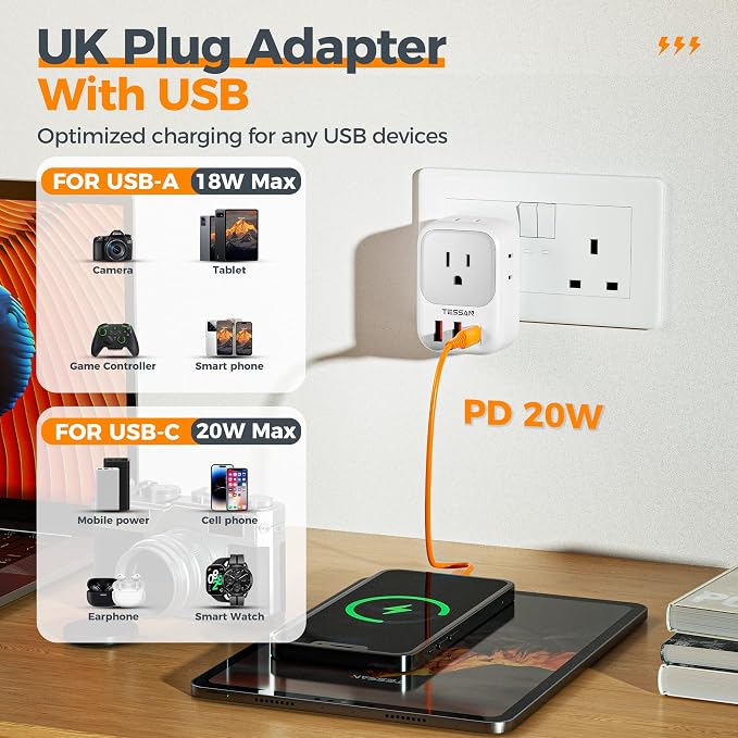 UK Adapters for Travel, TESSAN US to UK Ireland Plug Adapter 20W, Foldable - Image 5