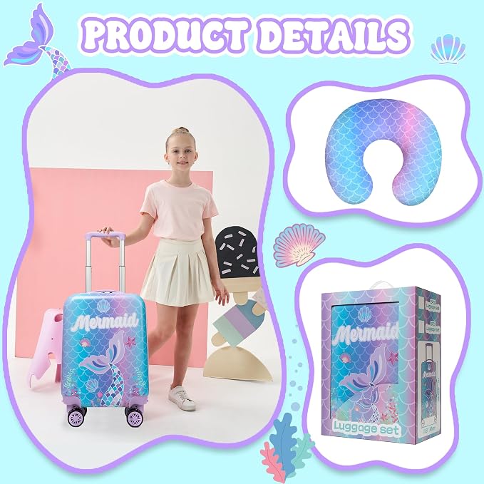 Cute Mermaid Kid’s Luggage Set 5 Piece Suitcase Set 16’’ Hardside Luggage - Image 5