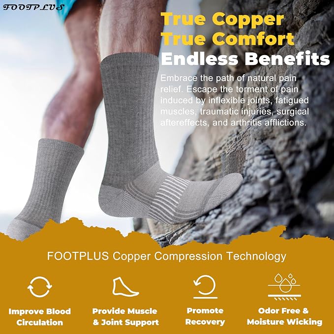 FOOTPLUS Hiking Copper Compression Socks, Unisex Cushioned Sole Arch Support - Image 2