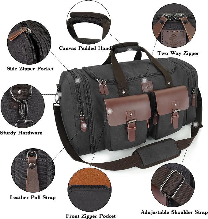Canvas Duffle Bag for Men 60L Travel Duffel Bags Expandable Genuine Leather - Image 3