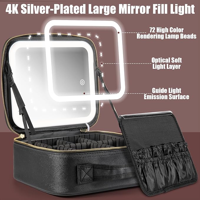 Makeup Travel Train Case with Mirror LED Light 3 Adjustable Brightness Large - Image 6