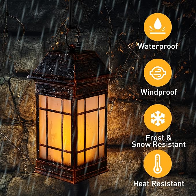 14" Solar Lantern Outdoor Waterproof, Glass Flickering Flame Solar Lanterns - Image 6