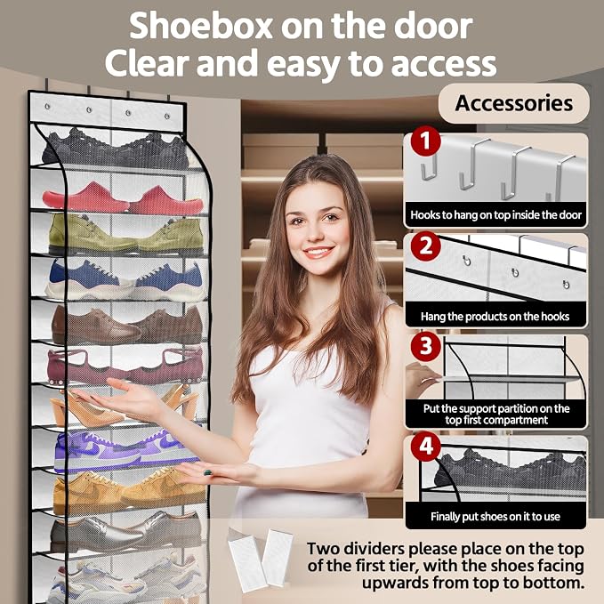 12 Pocket Over the Door Shoe Organizer, Reusable Breathable Large Mesh Bag - Image 4
