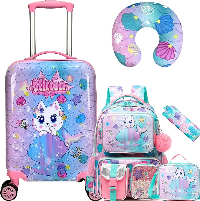 Cute Cat Kid’s Luggage Set 5 Piece Suitcase Set 16’’ Hardside Luggage by Unknown