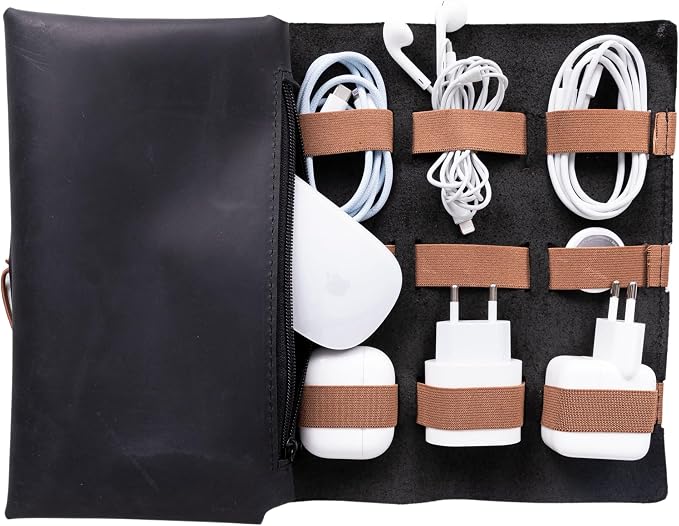 HARDISTON Custom Genuine Leather Electronic Cable Organizer Bag Handmade Travel by HARDISTON