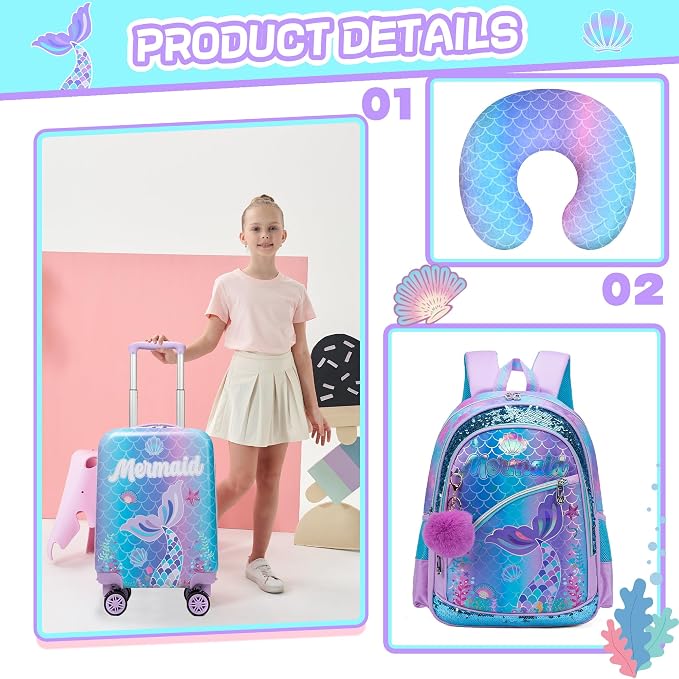 Cute Mermaid Kid’s Luggage Set 5 Piece Suitcase Set 16’’ Hardside Luggage - Image 3