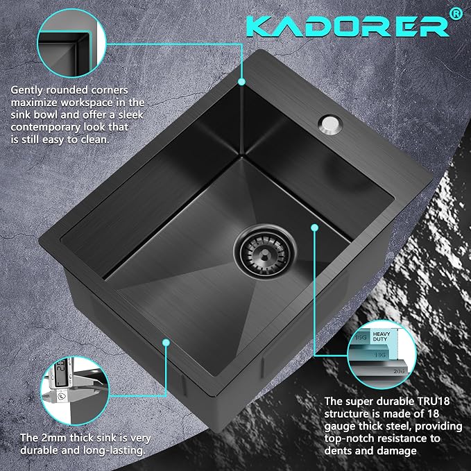 15 x 20 Inch Black Drop In Kitchen Sink - Image 5