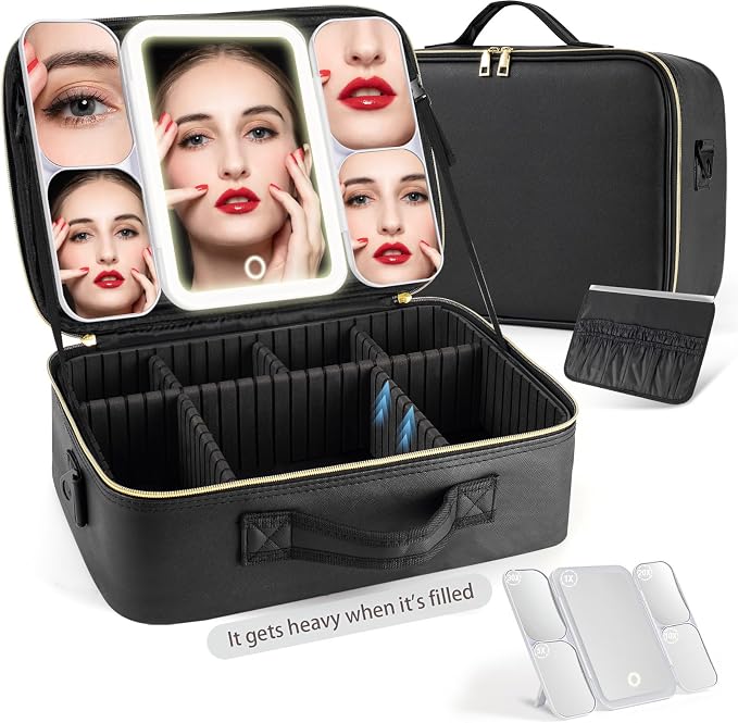 Extra Large Makeup Bag with LED 1X5X10X20X30X Magnifying Mirror and Travel by saiggnyyVANITYMIRROR