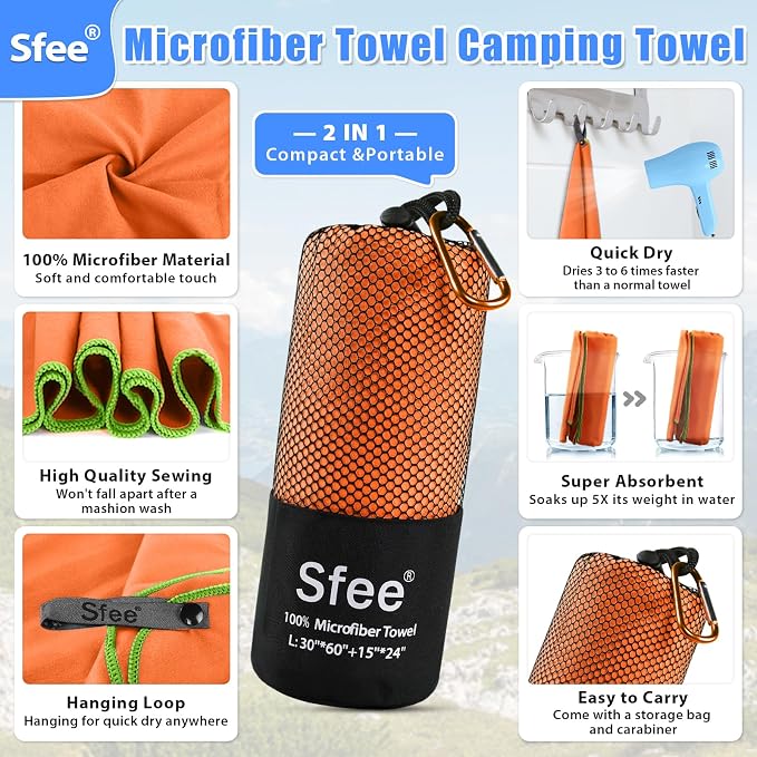 Sfee 2 Pack Camping Towel, Quick Dry Towel Super Absorbent Travel Microfiber - Image 2
