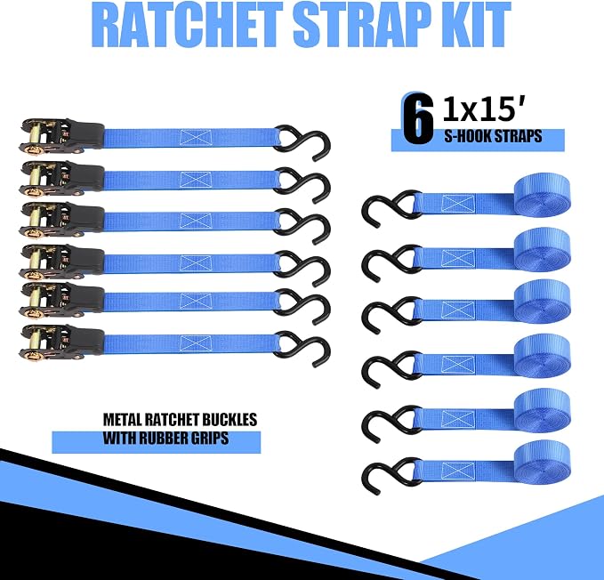Cartman 1" x 15' Ratchet Tie Down up to 1500lbs 6pk in Carry Bag, Cargo Straps - Image 7
