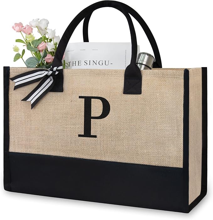 TOPDesign Initial Jute/Canvas Tote Bag, Personalized Present Bag, Suitable by TOPDesign