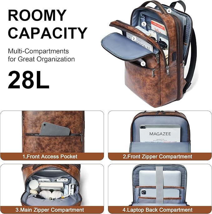 Vegan Leather Laptop Backpack for Women&Men, 16 Inch Expandable Backpack - Image 3