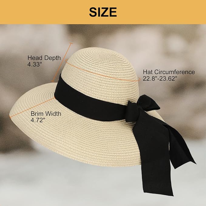 Surblue Straw Summer Hat Women's Floppy Sun Hat Wide Brim Beach Bow Hat - Image 3