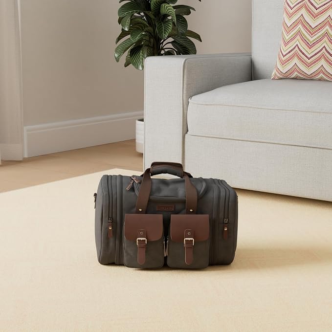 Wildroad 50L Travel Duffel Bag, Expandable Canvas Genuine Leather Duffle Bag - Image 2