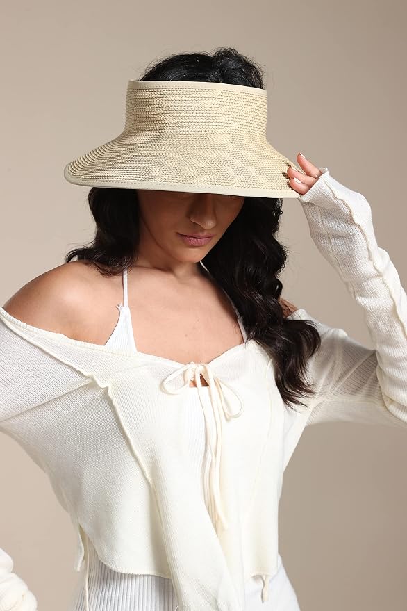 Joywant Womens Sun Visor Hats, Packable Wide Brim Ponytail Beach Hat Straw - Image 6