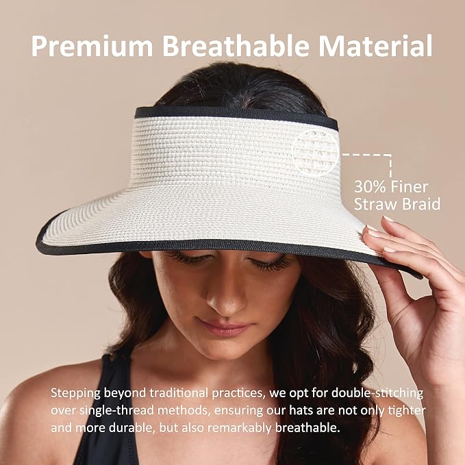 Joywant Womens Sun Visor Hats, Packable Wide Brim Ponytail Beach Hat Straw - Image 6