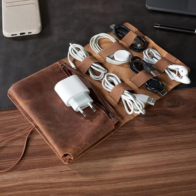 HARDISTON Custom Genuine Leather Electronic Cable Organizer Bag Handmade Travel - Image 4