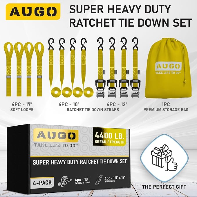 AUGO Heavy Duty Ratchet Straps & Soft Loops – Pack of 4 Extra Strong 1.5” by - Image 4