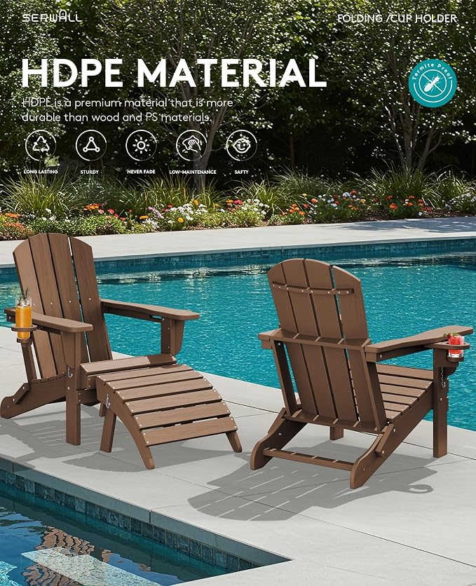SERWALL Folding Adirondack Chair, Dual Cup Holders & All-Weather HDPE, - Image 12
